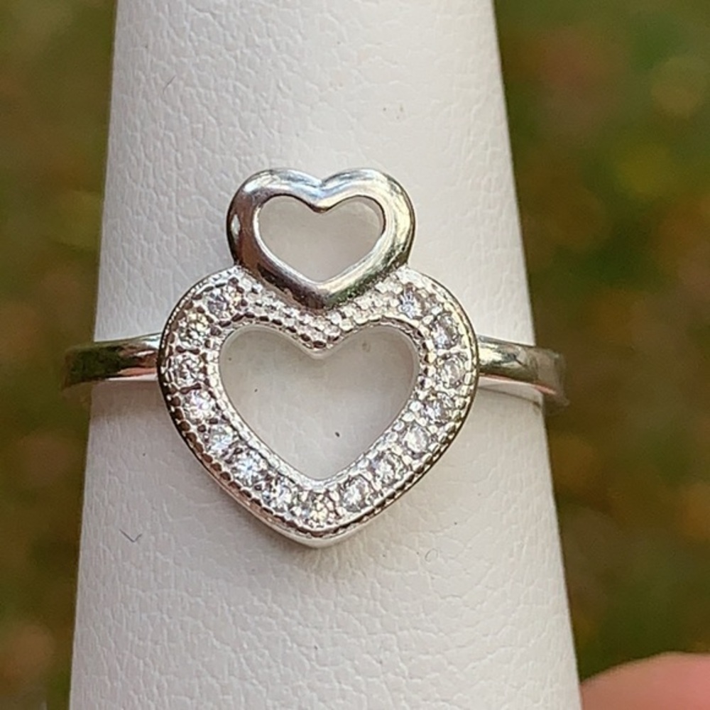 Sterling Silver and CZ Double Heart Motif Ring